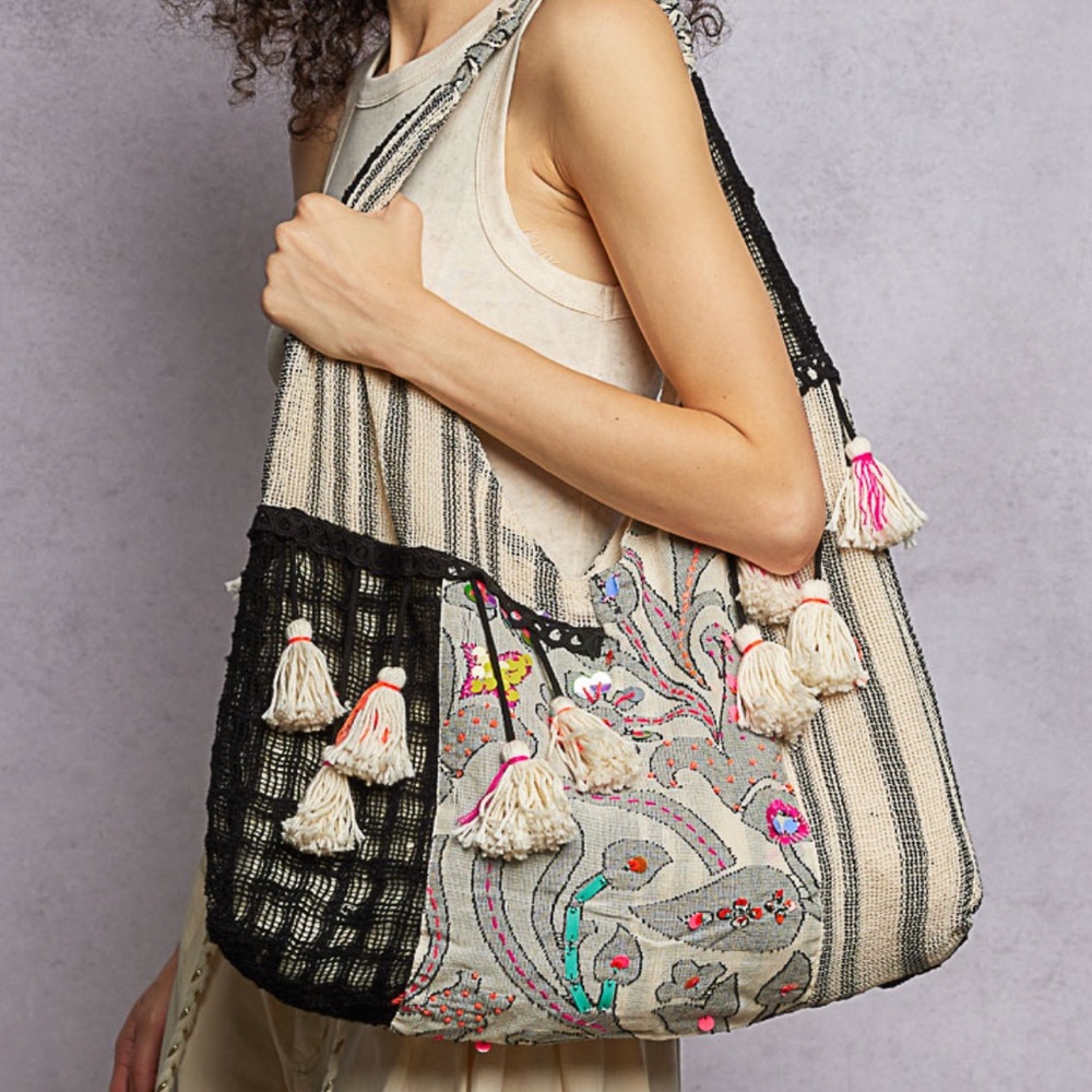 🇺🇸SALE! Boho Tassel Embroidered Shoulder Bag - Cream & Black